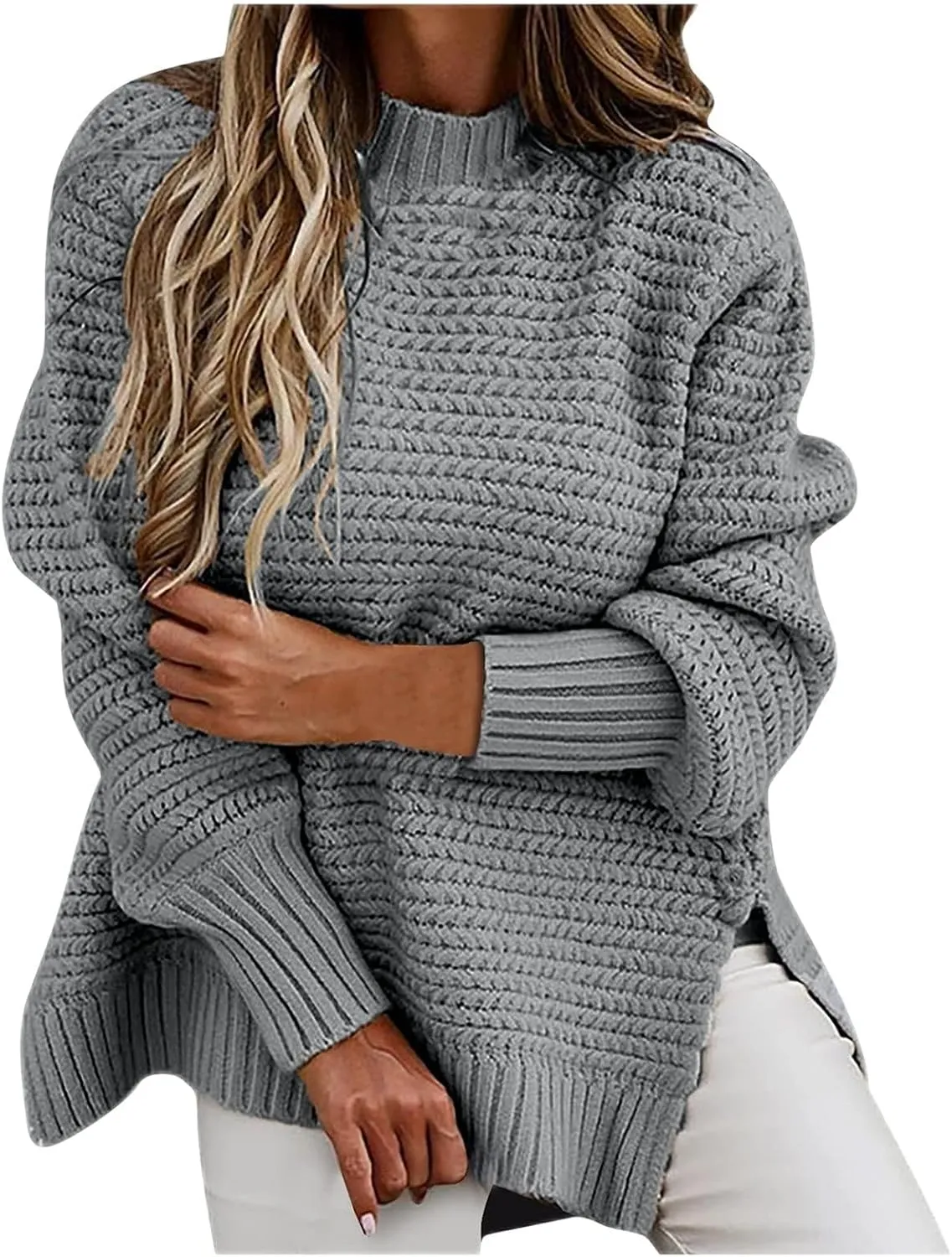 Women's 2024 Fall Casual Fall Oversized Sweater Long Sleeve Crew Neck Side Slit Oversized Ribbed Knit Pullover Tops
