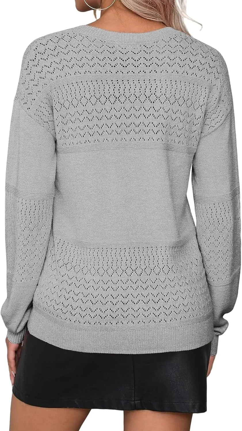 Womens 2024 Fall Sweaters V Neck Crochet Pullover Sweater Lightweight Long Sleeve Knit Tops