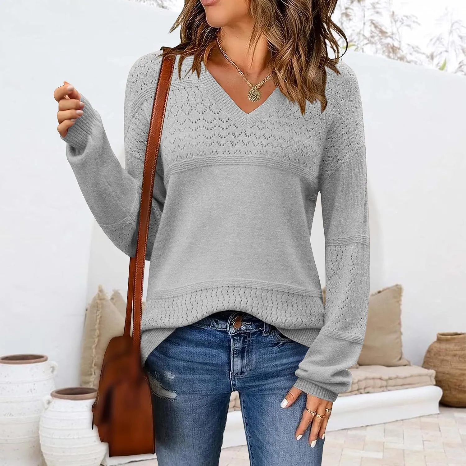 Womens 2024 Fall Sweaters V Neck Crochet Pullover Sweater Lightweight Long Sleeve Knit Tops