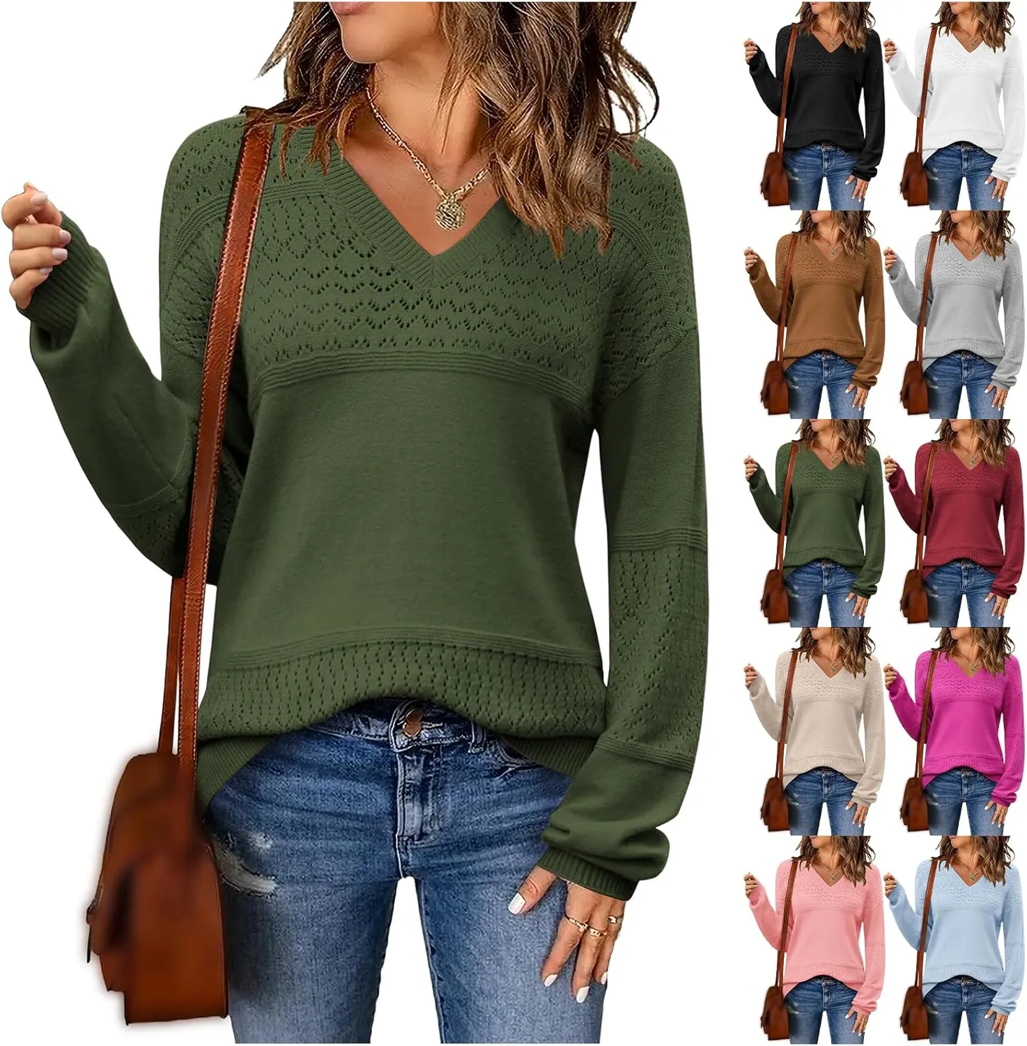 Womens 2024 Fall Sweaters V Neck Crochet Pullover Sweater Lightweight Long Sleeve Knit Tops