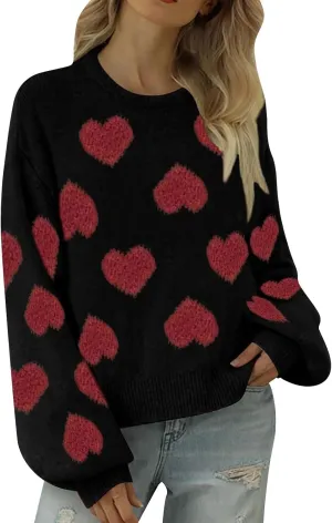 Women's 2024 Fall Winter Heart Color Block Sweater Long Sleeve Crew Neck Casual Loose Knit Pullover Tops Shirt