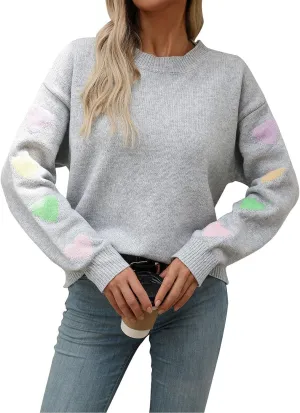 Women's 2024 Fall Winter Heart Color Block Sweater Long Sleeve Crew Neck Casual Loose Knit Pullover Tops Shirt