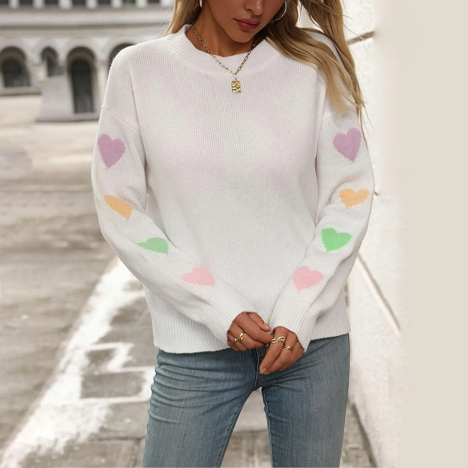 Women's 2024 Fall Winter Heart Color Block Sweater Long Sleeve Crew Neck Casual Loose Knit Pullover Tops Shirt