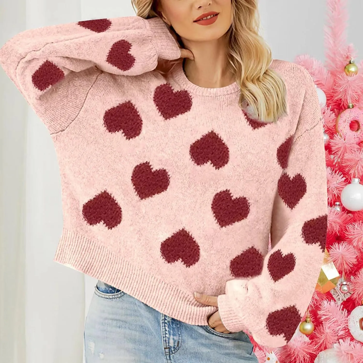 Women's 2024 Fall Winter Heart Color Block Sweater Long Sleeve Crew Neck Casual Loose Knit Pullover Tops Shirt