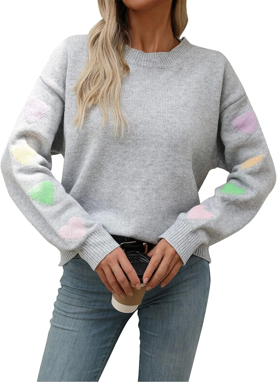 Women's 2024 Fall Winter Heart Color Block Sweater Long Sleeve Crew Neck Casual Loose Knit Pullover Tops Shirt
