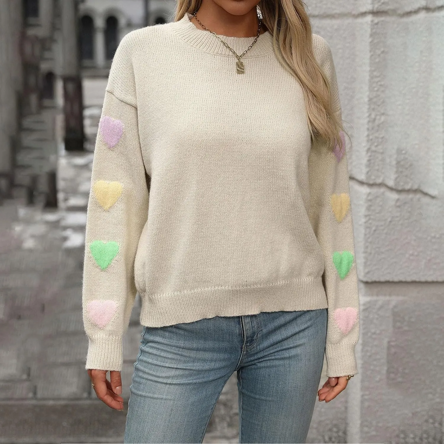 Women's 2024 Fall Winter Heart Color Block Sweater Long Sleeve Crew Neck Casual Loose Knit Pullover Tops Shirt