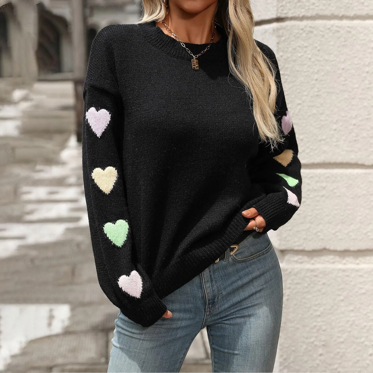 Women's 2024 Fall Winter Heart Color Block Sweater Long Sleeve Crew Neck Casual Loose Knit Pullover Tops Shirt