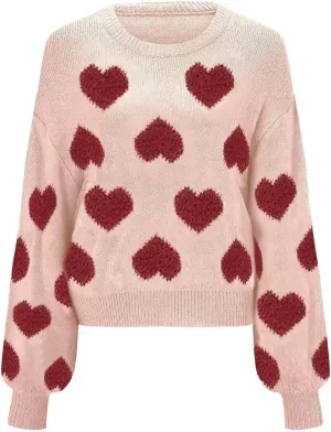 Women's 2024 Fall Winter Heart Color Block Sweater Long Sleeve Crew Neck Casual Loose Knit Pullover Tops Shirt