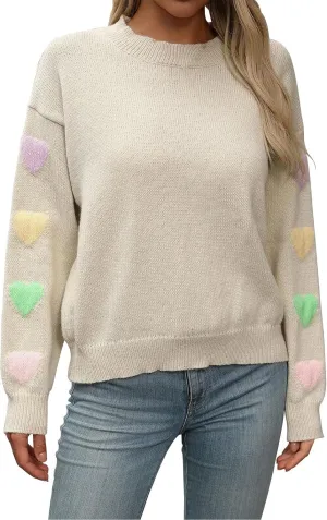 Women's 2024 Fall Winter Heart Color Block Sweater Long Sleeve Crew Neck Casual Loose Knit Pullover Tops Shirt
