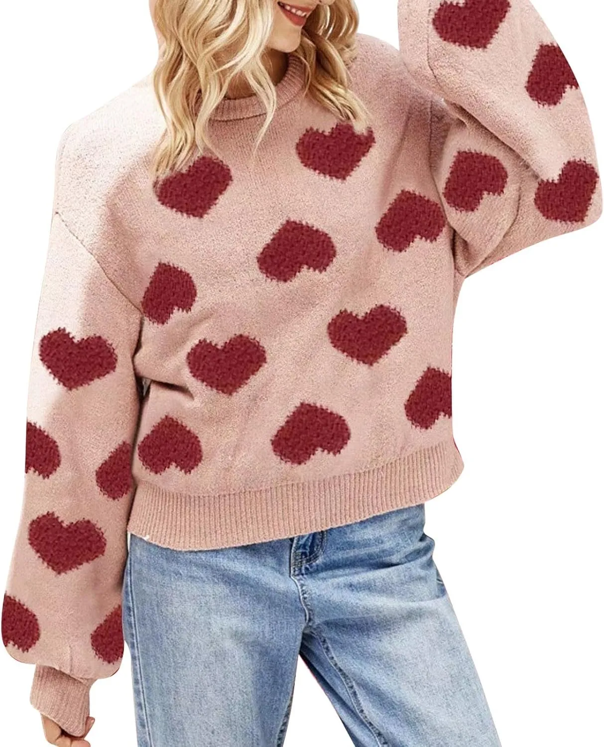 Women's 2024 Fall Winter Heart Color Block Sweater Long Sleeve Crew Neck Casual Loose Knit Pullover Tops Shirt