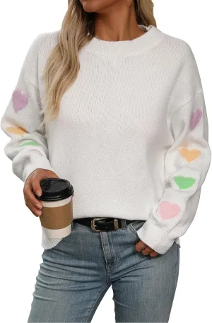 Women's 2024 Fall Winter Heart Color Block Sweater Long Sleeve Crew Neck Casual Loose Knit Pullover Tops Shirt