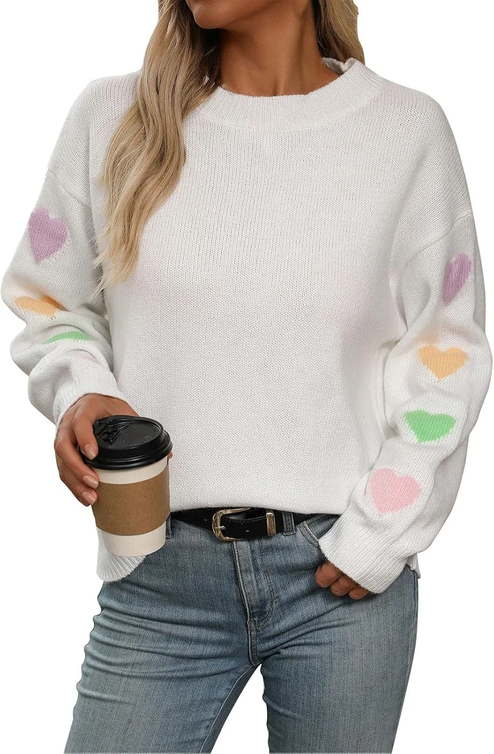 Women's 2024 Fall Winter Heart Color Block Sweater Long Sleeve Crew Neck Casual Loose Knit Pullover Tops Shirt
