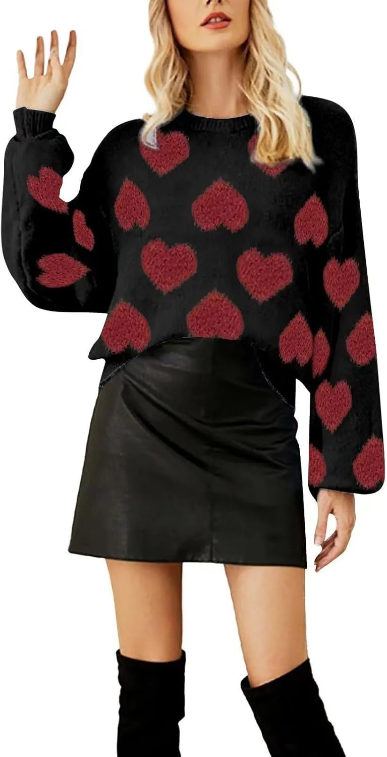 Women's 2024 Fall Winter Heart Color Block Sweater Long Sleeve Crew Neck Casual Loose Knit Pullover Tops Shirt