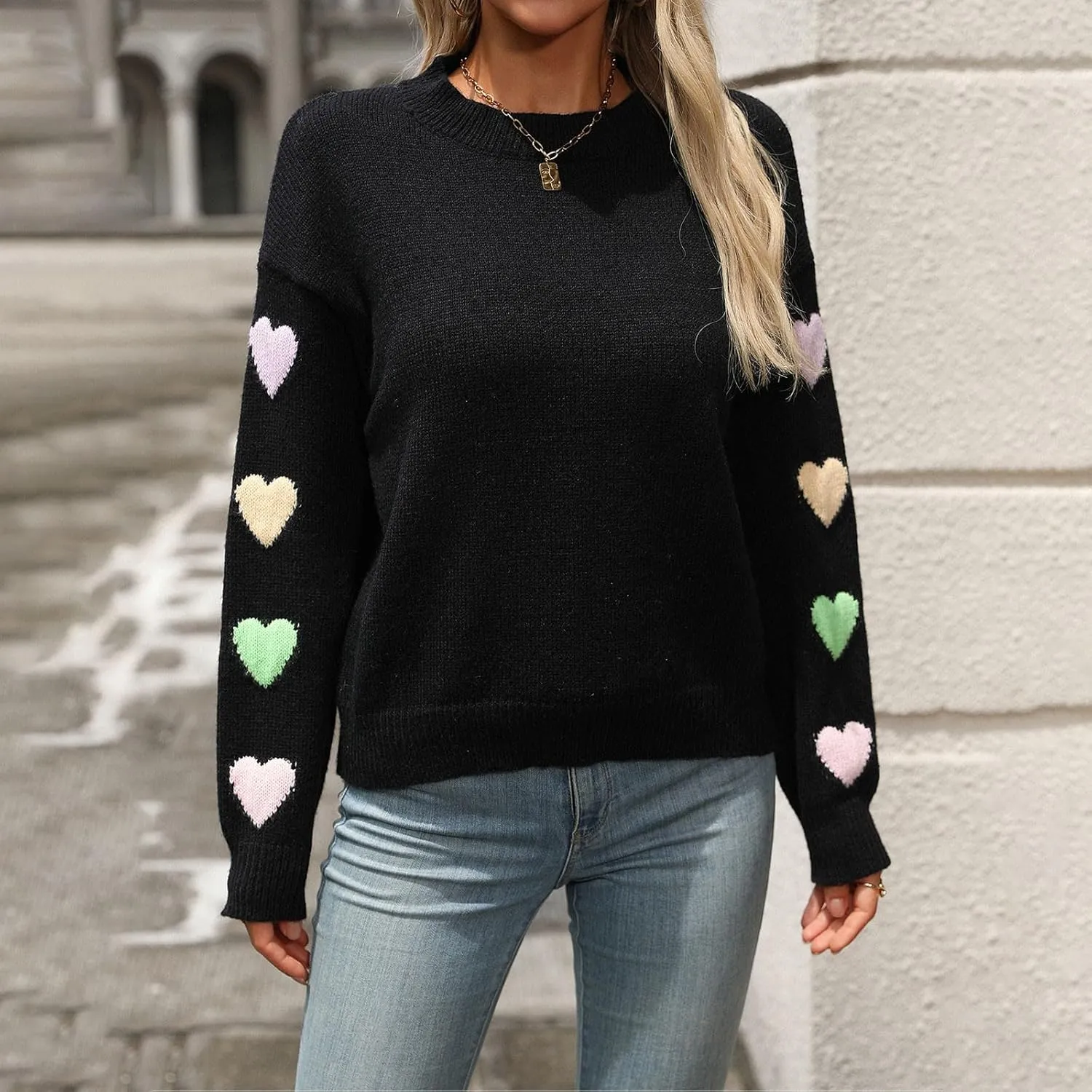 Women's 2024 Fall Winter Heart Color Block Sweater Long Sleeve Crew Neck Casual Loose Knit Pullover Tops Shirt