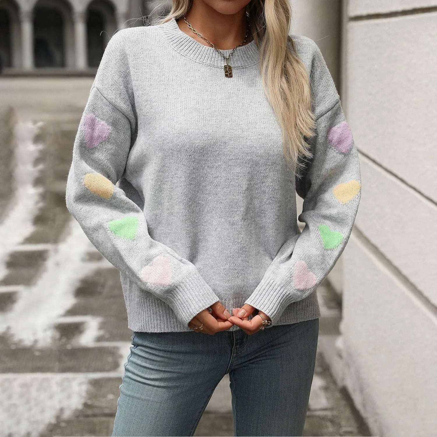 Women's 2024 Fall Winter Heart Color Block Sweater Long Sleeve Crew Neck Casual Loose Knit Pullover Tops Shirt