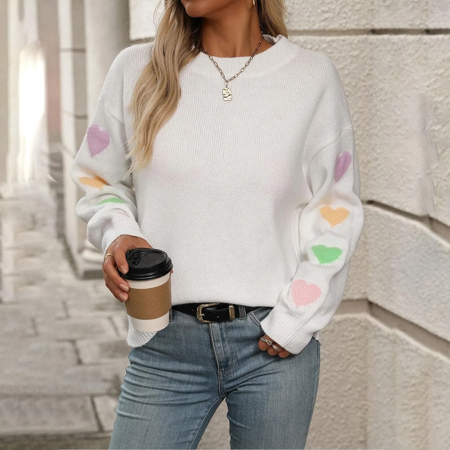 Women's 2024 Fall Winter Heart Color Block Sweater Long Sleeve Crew Neck Casual Loose Knit Pullover Tops Shirt