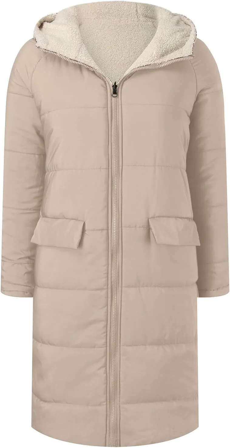 Womens 2024 Fashion Full Zip Fleece Coat Long Sleeve Pockets Outwear Comfort Warm Soft Overcoat Outdoor Home Clothes