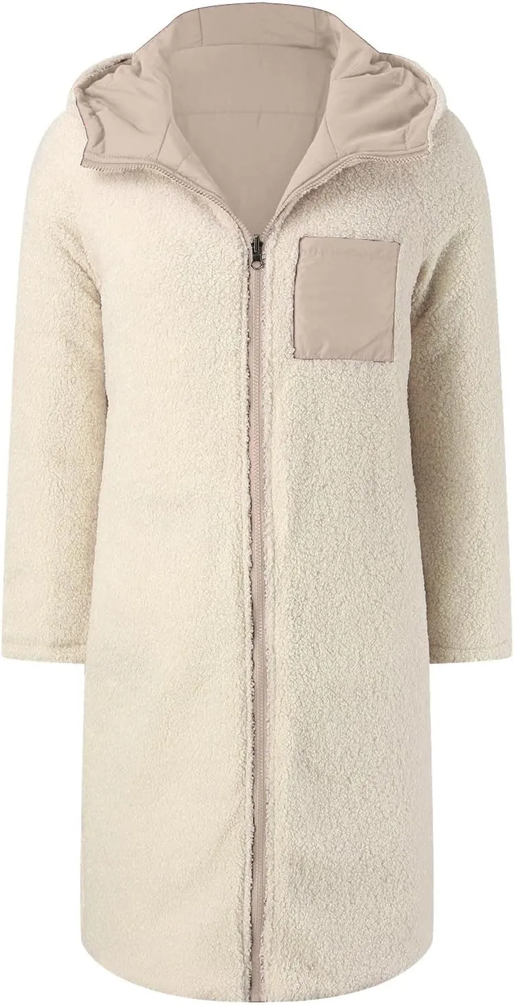 Womens 2024 Fashion Full Zip Fleece Coat Long Sleeve Pockets Outwear Comfort Warm Soft Overcoat Outdoor Home Clothes