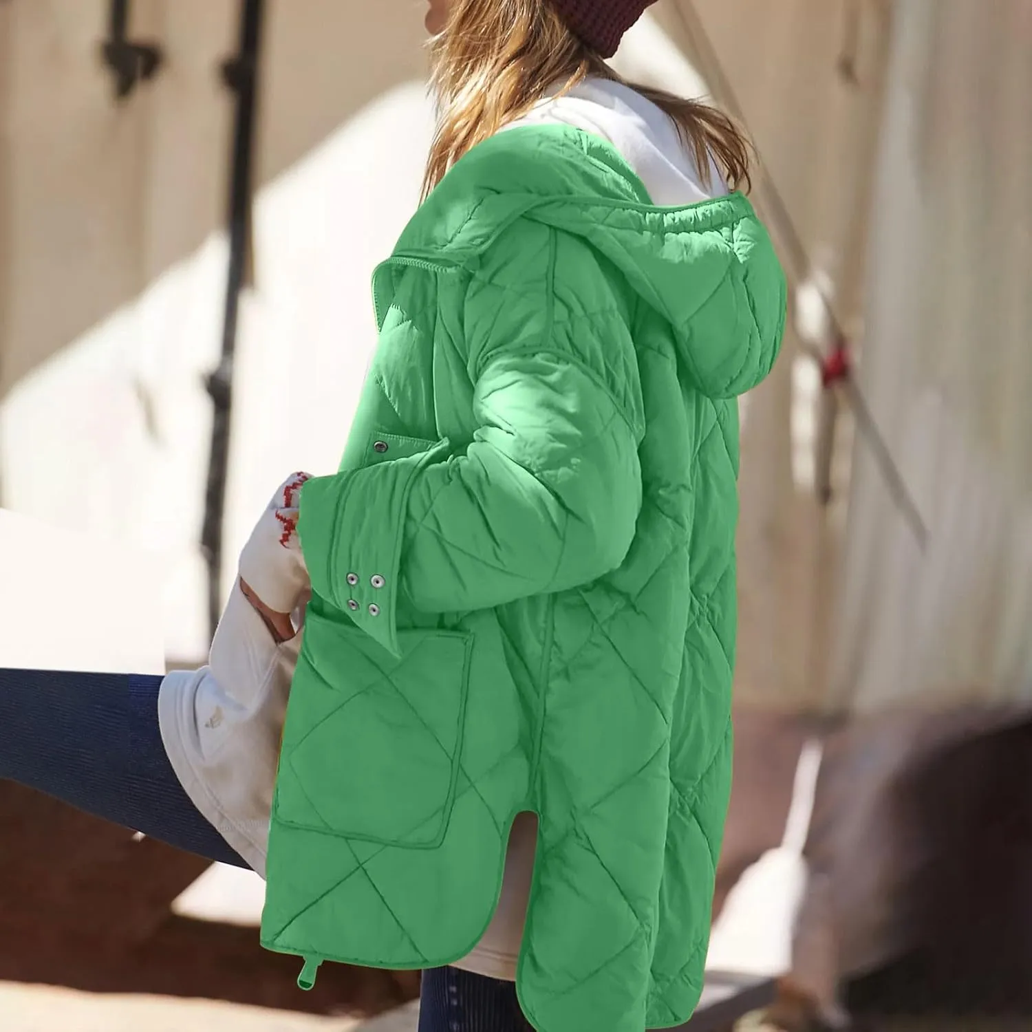 Womens 2024 Winter Thick Solid Zip Up Quilted Puffer Coat with Pocket Long Sleeve Down Coat Casual Warm Slim Overcoat
