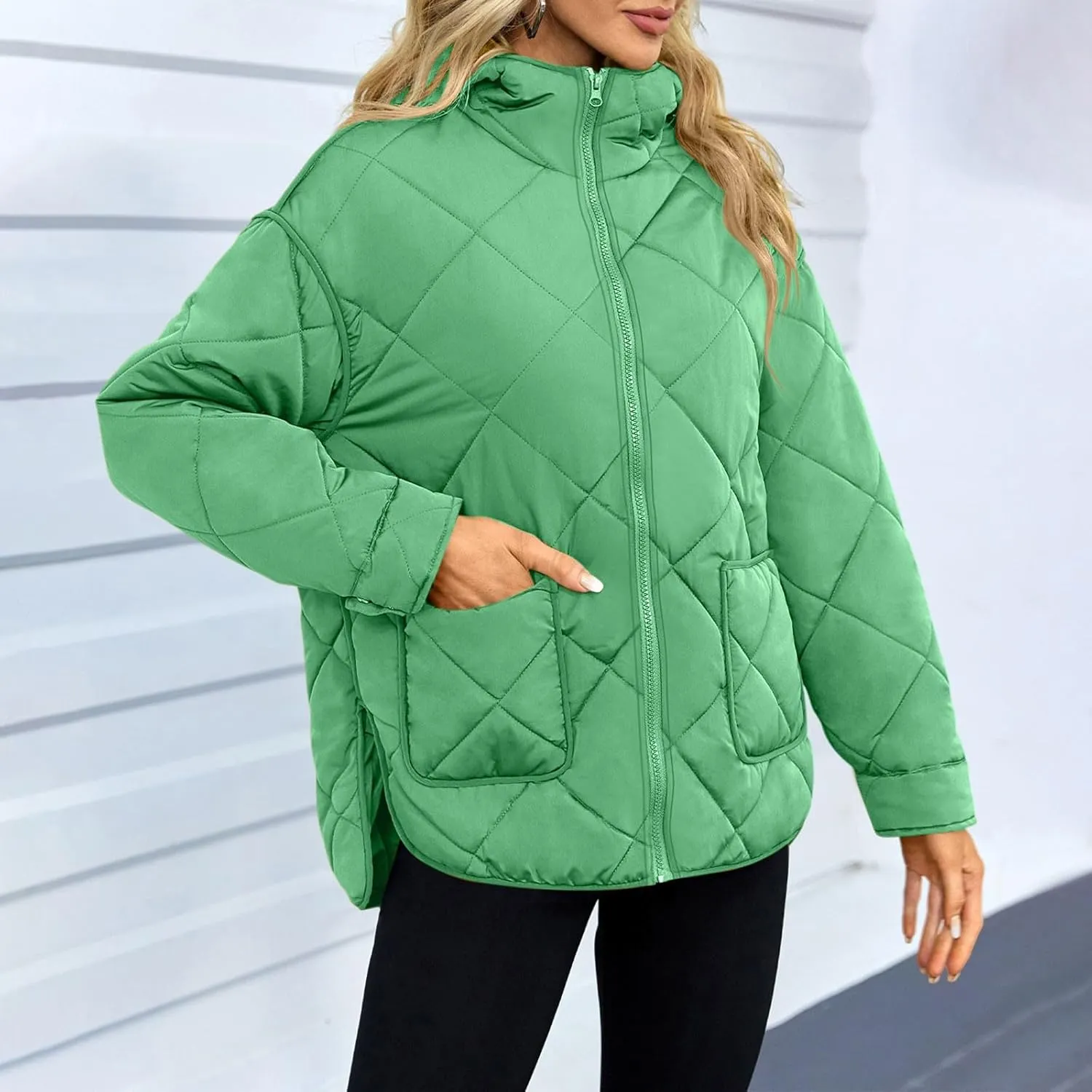 Womens 2024 Winter Thick Solid Zip Up Quilted Puffer Coat with Pocket Long Sleeve Down Coat Casual Warm Slim Overcoat
