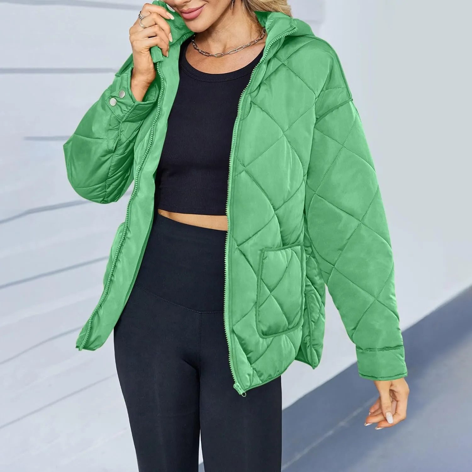 Womens 2024 Winter Thick Solid Zip Up Quilted Puffer Coat with Pocket Long Sleeve Down Coat Casual Warm Slim Overcoat