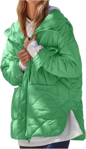 Womens 2024 Winter Thick Solid Zip Up Quilted Puffer Coat with Pocket Long Sleeve Down Coat Casual Warm Slim Overcoat