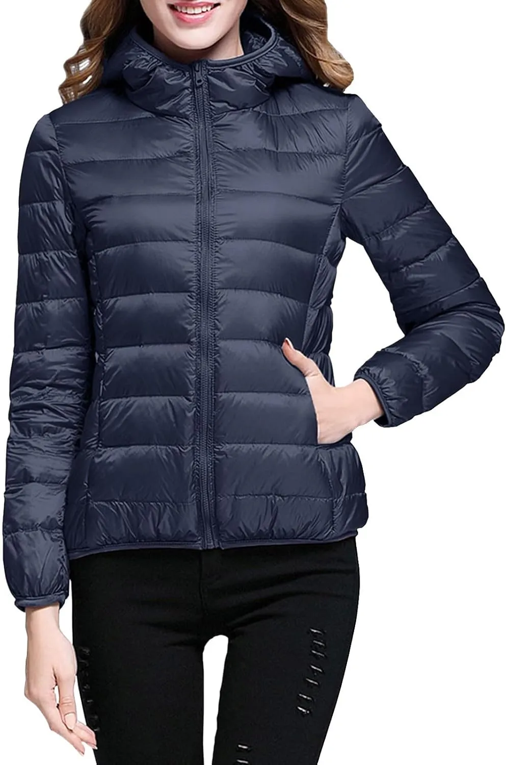 Womens 2024 Winter Warm Waterproof Solid Puffer Coat Zipper with Hood Quilted Down Coat Casual Slim Outdoor Overcoat