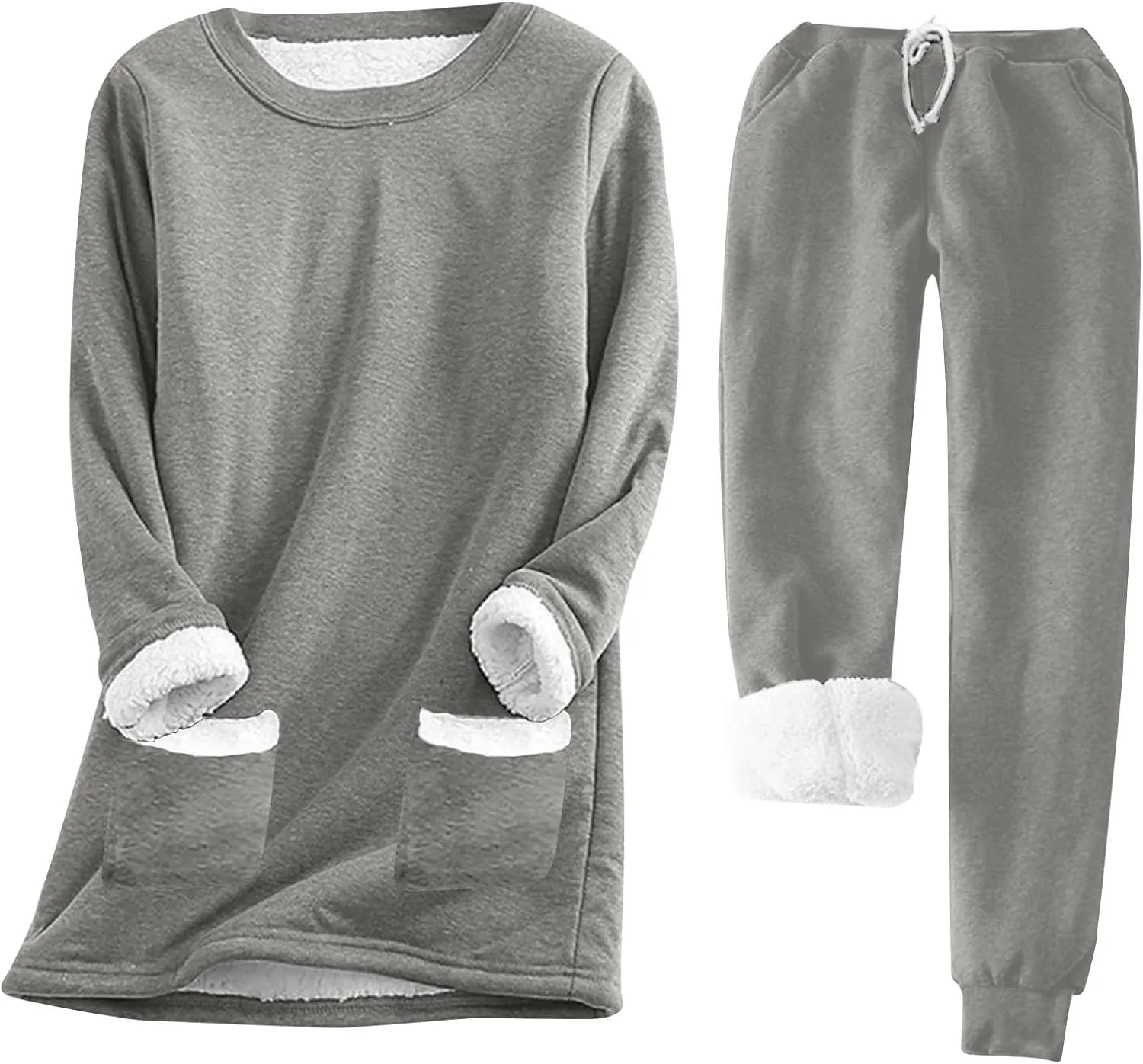 Womens 2pcs Loungwear Set Thicken Winter Warm Sherpa Fleece Lined Sweatshirt  Pants Soft Pjs Sleepwear with Pocket