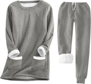 Womens 2pcs Loungwear Set Thicken Winter Warm Sherpa Fleece Lined Sweatshirt  Pants Soft Pjs Sleepwear with Pocket