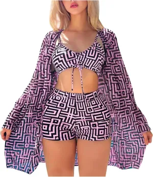 Womens 3 Pieces Bikini Set Swimsuit Tropical Beach Cover up Kimono Swimwear Bathing Suit with Boy Shorts