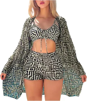 Womens 3 Pieces Bikini Set Swimsuit Tropical Beach Cover up Kimono Swimwear Bathing Suit with Boy Shorts