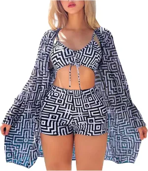 Womens 3 Pieces Bikini Set Swimsuit Tropical Beach Cover up Kimono Swimwear Bathing Suit with Boy Shorts