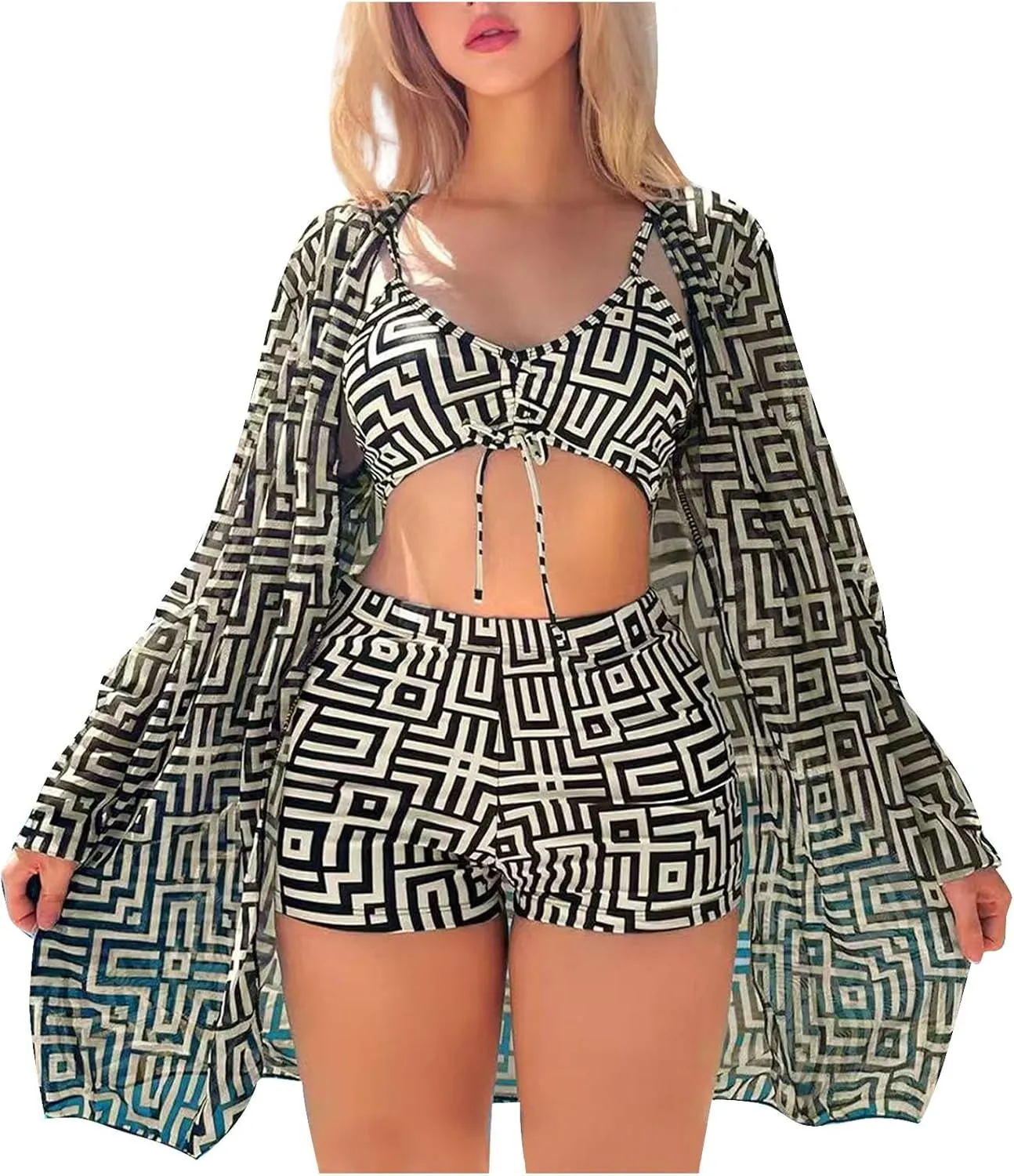 Womens 3 Pieces Bikini Set Swimsuit Tropical Beach Cover up Kimono Swimwear Bathing Suit with Boy Shorts
