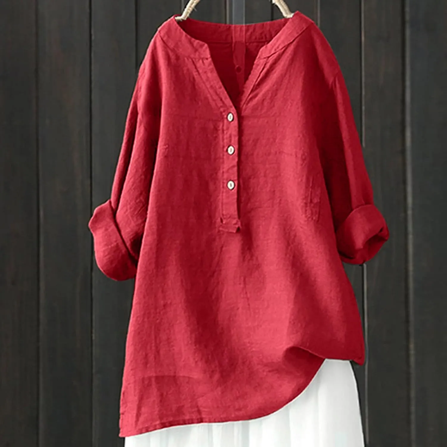 Womens 3/4 Sleeve Button Down Shirts Dressy Casual Loose Cotton Linen T Shirts Solid Color Blouse Boho Tops