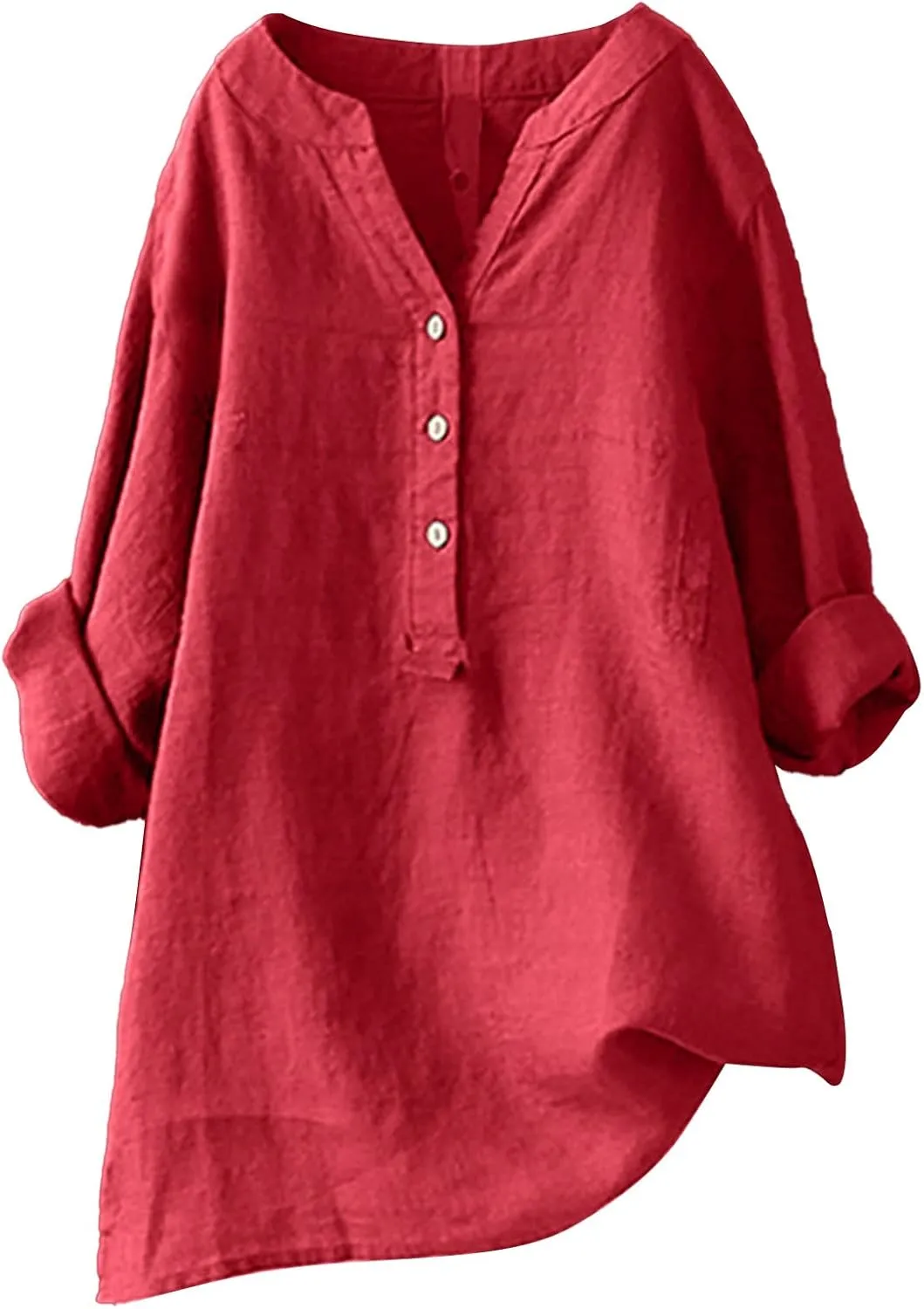 Womens 3/4 Sleeve Button Down Shirts Dressy Casual Loose Cotton Linen T Shirts Solid Color Blouse Boho Tops