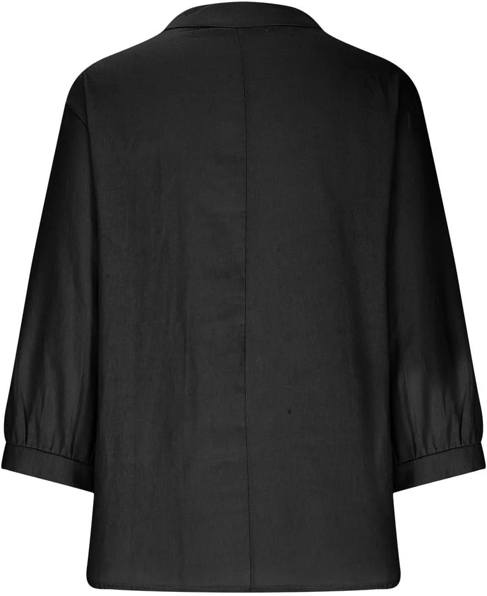 Women's 3/4 Sleeve Tops Trendy Summer 2025 Cotton Linen V Neck T-Shirts Slim Tunic Button Blouses Casual Vacation Outfit