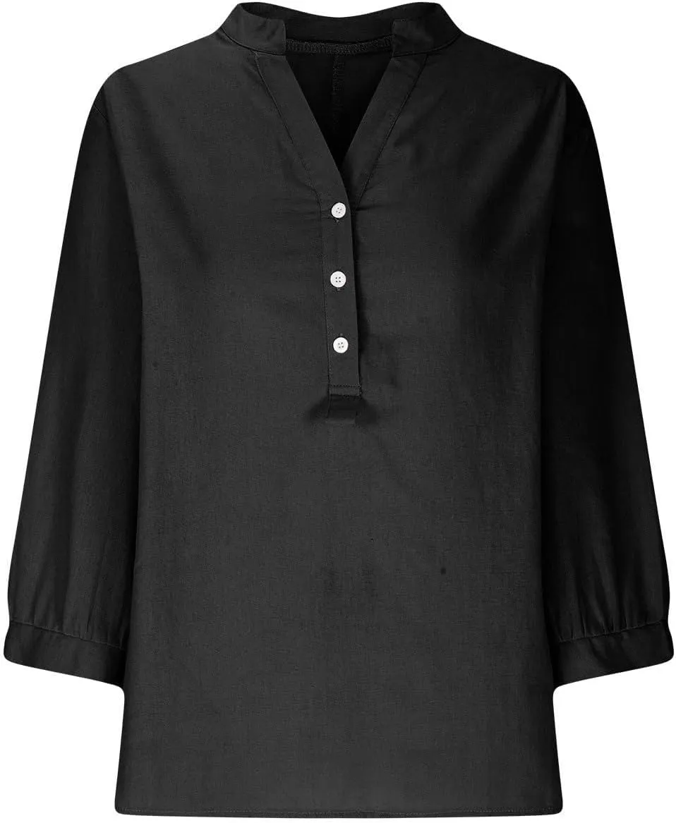 Women's 3/4 Sleeve Tops Trendy Summer 2025 Cotton Linen V Neck T-Shirts Slim Tunic Button Blouses Casual Vacation Outfit