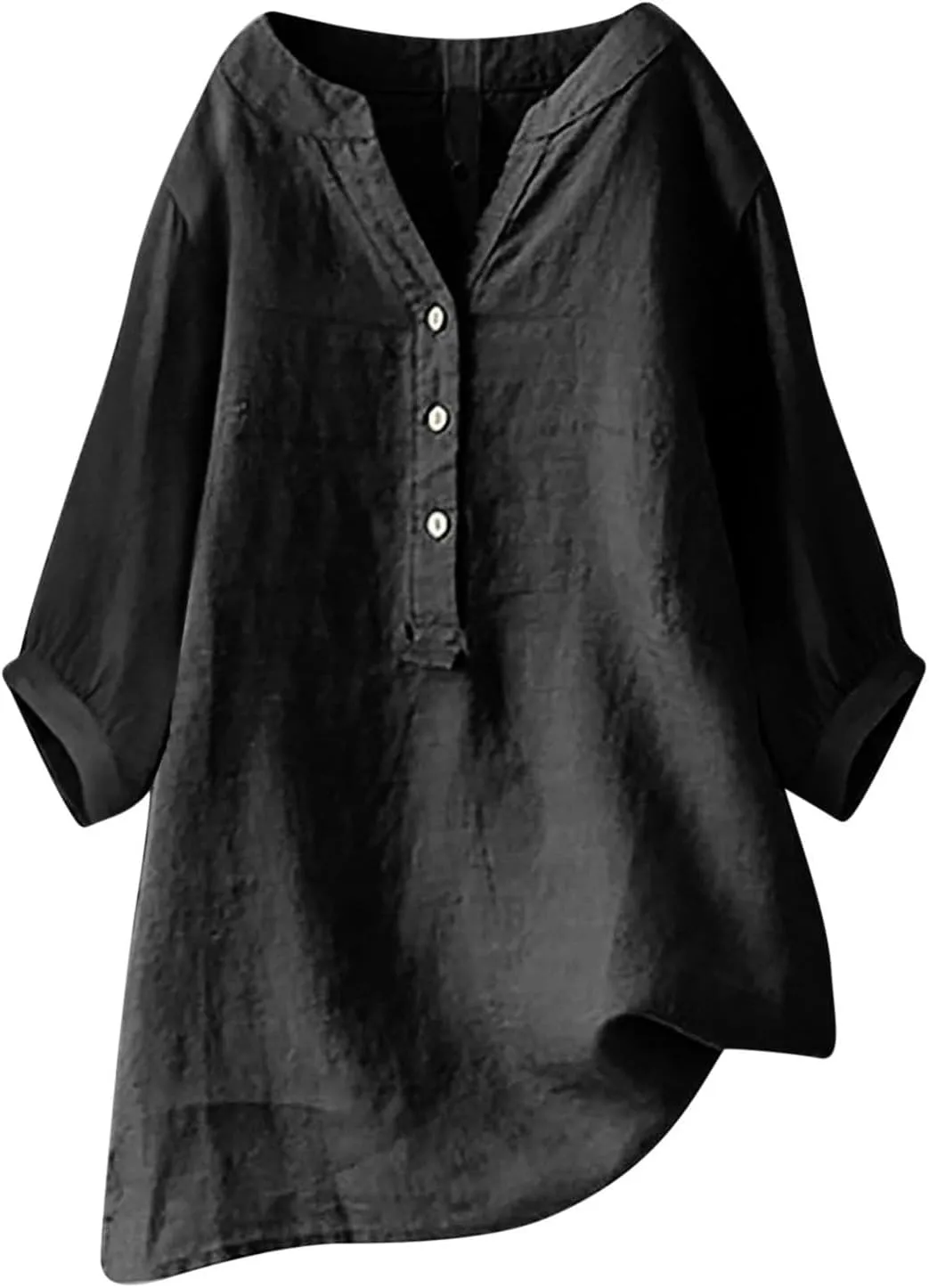 Women's 3/4 Sleeve Tops Trendy Summer 2025 Cotton Linen V Neck T-Shirts Slim Tunic Button Blouses Casual Vacation Outfit