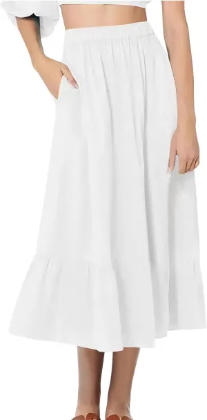 Womens A Line Long Midi Cotton Skirt Pleated Layers Elastic Waist Summer Fashion Trendy Flowy Tiered Boho Skirts