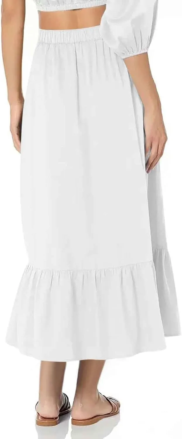 Womens A Line Long Midi Cotton Skirt Pleated Layers Elastic Waist Summer Fashion Trendy Flowy Tiered Boho Skirts