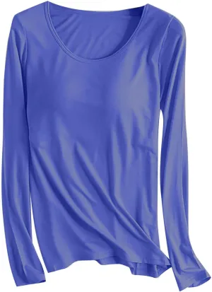 Women's Built-in Bra T-Shirt Long Sleeve Workout Yoga Tops Crewneck Padded Bra Soft Pajamas Comfy Athletic Shirts