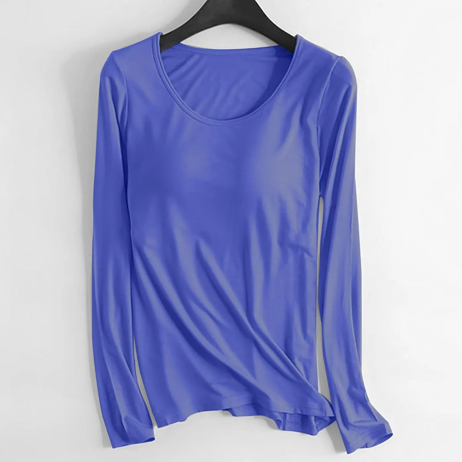 Women's Built-in Bra T-Shirt Long Sleeve Workout Yoga Tops Crewneck Padded Bra Soft Pajamas Comfy Athletic Shirts