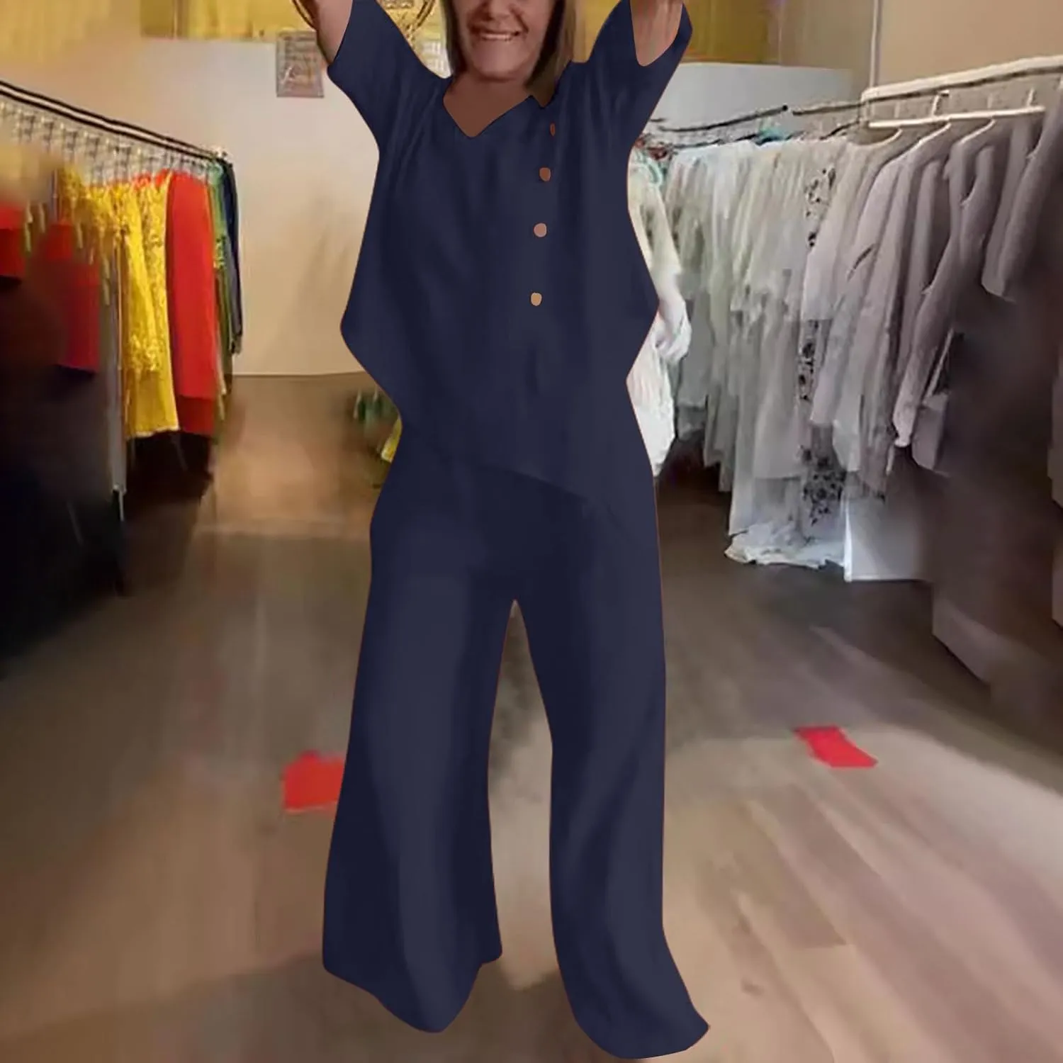 Womens Business Casual Clothing Two Piece Side Button 3/4 Sleeve Tops Oversized Wide Leg Pants for Matching Set