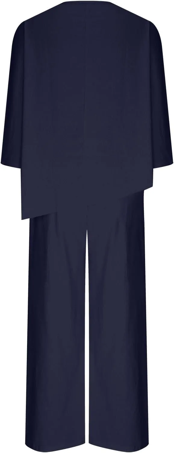 Womens Business Casual Clothing Two Piece Side Button 3/4 Sleeve Tops Oversized Wide Leg Pants for Matching Set