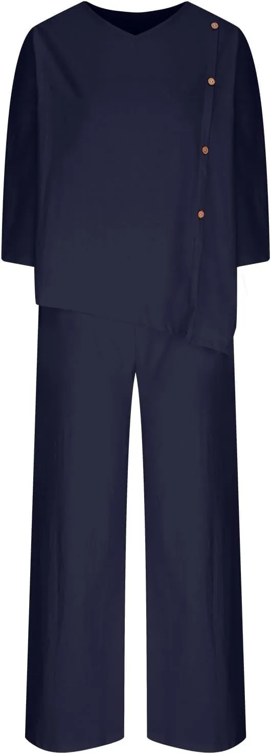 Womens Business Casual Clothing Two Piece Side Button 3/4 Sleeve Tops Oversized Wide Leg Pants for Matching Set