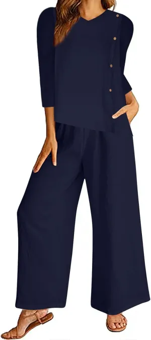 Womens Business Casual Clothing Two Piece Side Button 3/4 Sleeve Tops Oversized Wide Leg Pants for Matching Set