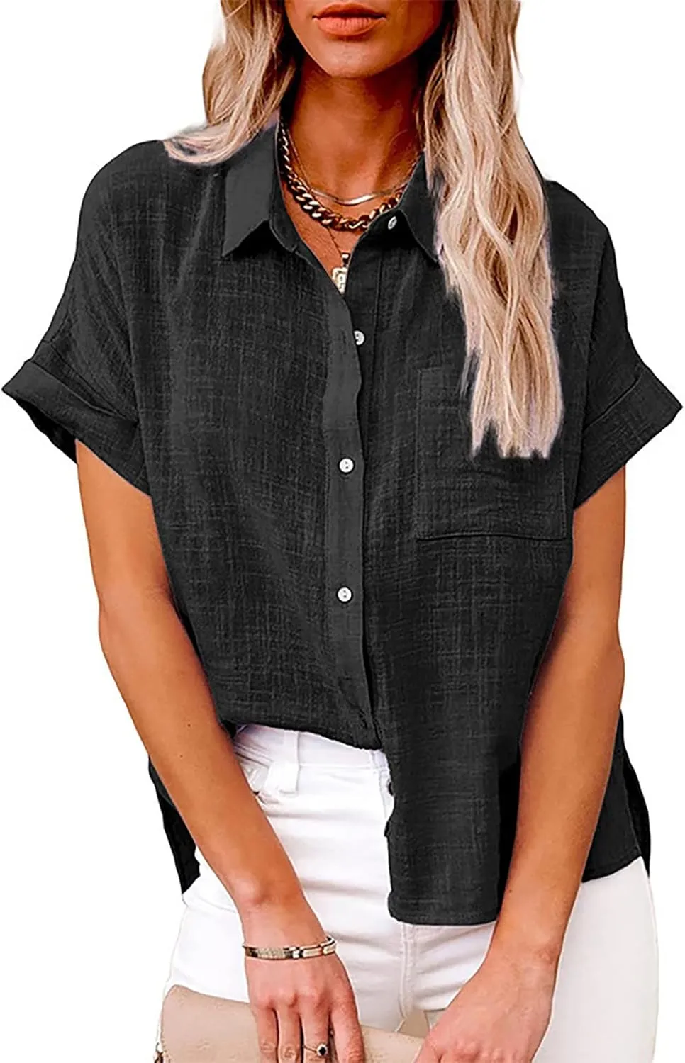 Women's Button Down Shirts Sleeve Down Christmas Fall Jacket Rolled Cuffed Short Sleeve Blouse Long Button Down