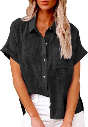 Women's Button Down Shirts Sleeve Down Christmas Fall Jacket Rolled Cuffed Short Sleeve Blouse Long Button Down