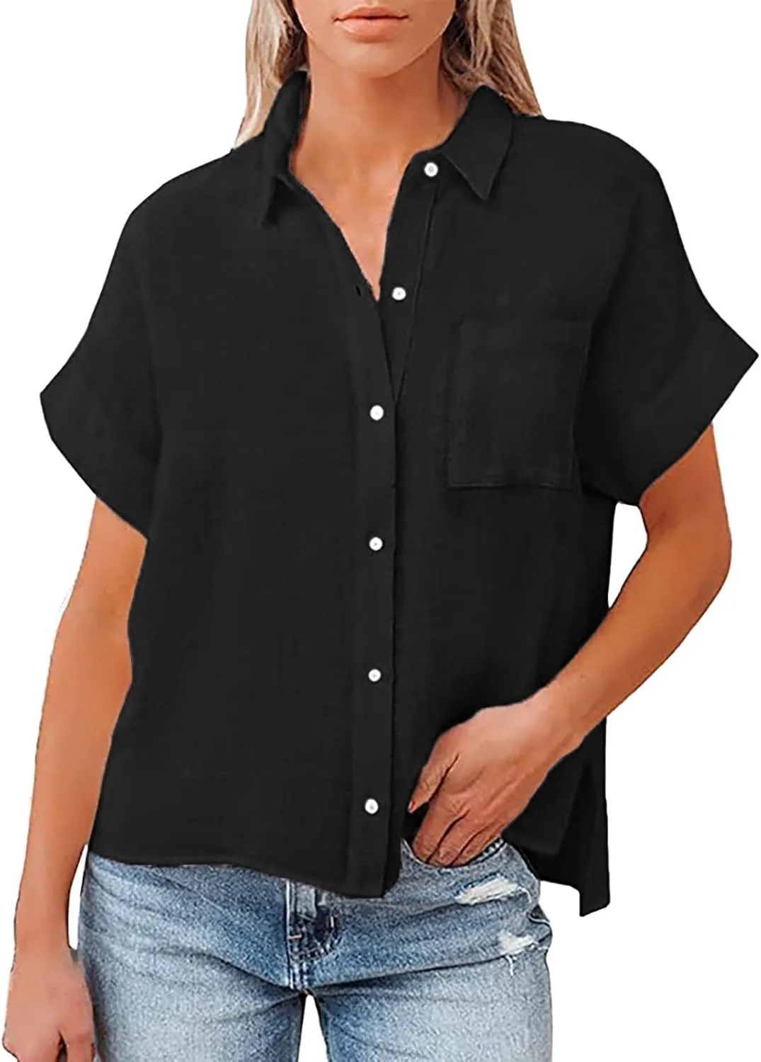 Women's Button Down Shirts Sleeve Down Christmas Fall Jacket Rolled Cuffed Short Sleeve Blouse Long Button Down