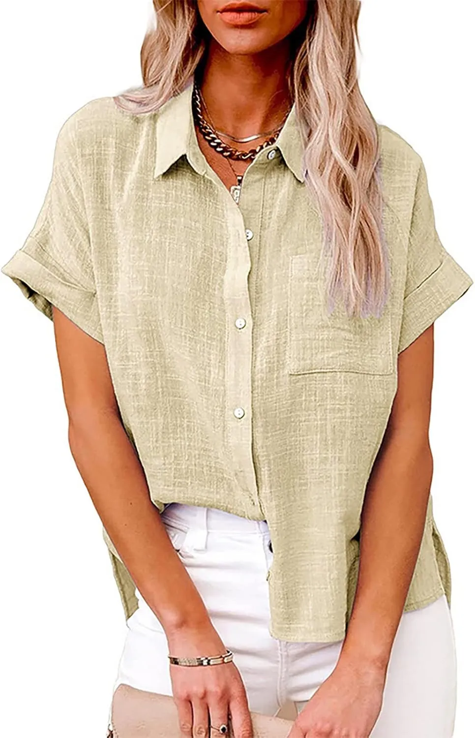 Women's Button Down Shirts Sleeve Down Christmas Fall Jacket Rolled Cuffed Short Sleeve Blouse Long Button Down